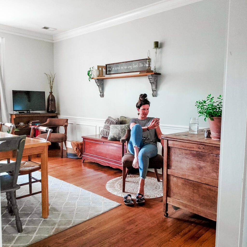 Woman uses phone in living room. 