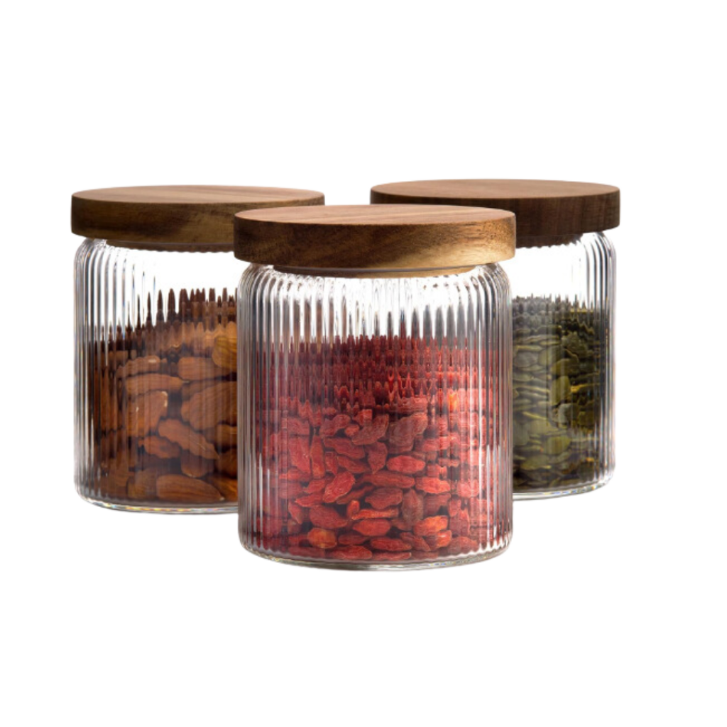 ribbed glass jar with wooden lid, food safe, pantry